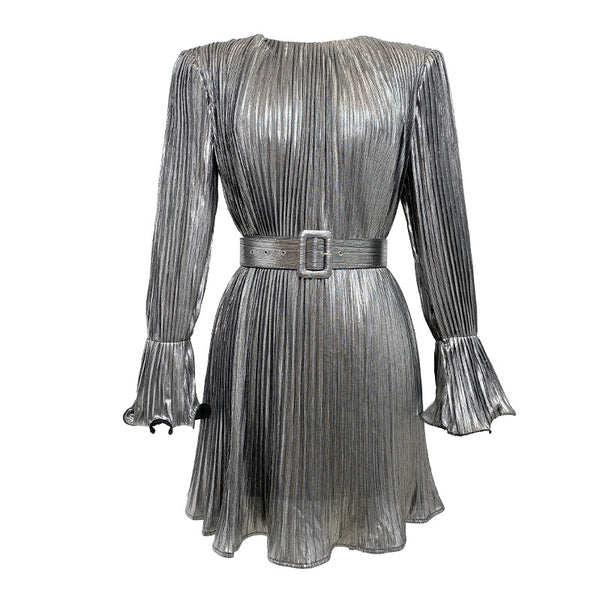 Spring Temperament Women Long Sleeves Cyber Shiny Silver Pleated Ruffled High Waist Dress