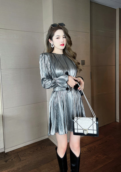 Spring Temperament Women Long Sleeves Cyber Shiny Silver Pleated Ruffled High Waist Dress