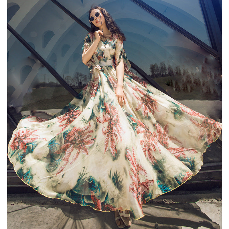 Floral Print Holiday Women Beach Long Big Swing Skirt Boho Sleeves Maxi Dress