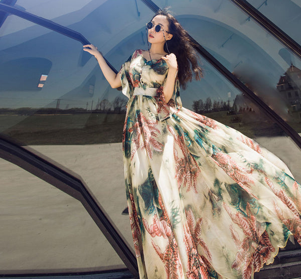 Floral Print Holiday Women Beach Long Big Swing Skirt Boho Sleeves Maxi Dress