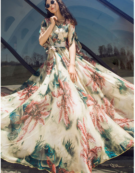 Floral Print Holiday Women Beach Long Big Swing Skirt Boho Sleeves Maxi Dress