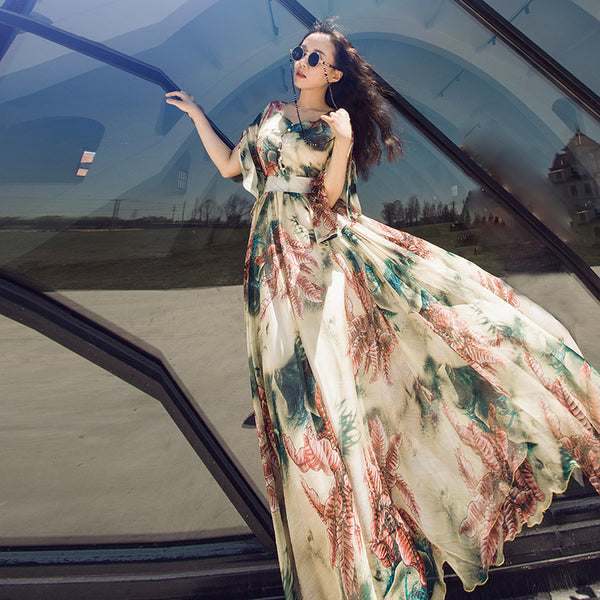 Floral Print Holiday Women Beach Long Big Swing Skirt Boho Sleeves Maxi Dress