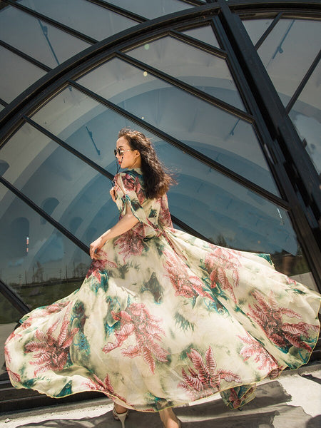 Floral Print Holiday Women Beach Long Big Swing Skirt Boho Sleeves Maxi Dress