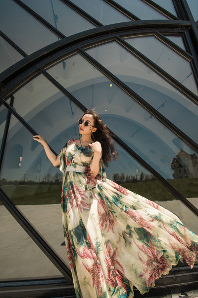 Floral Print Holiday Women Beach Long Big Swing Skirt Boho Sleeves Maxi Dress