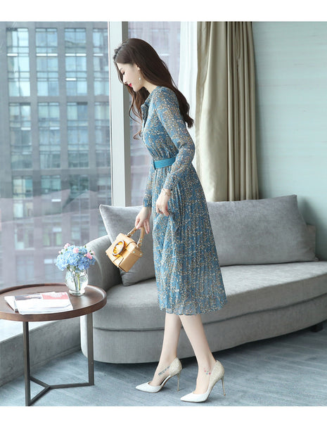 Vintage Retro Temperament Elegant Chiffon Big Swing Floral Long Midi Pleated Party Dress