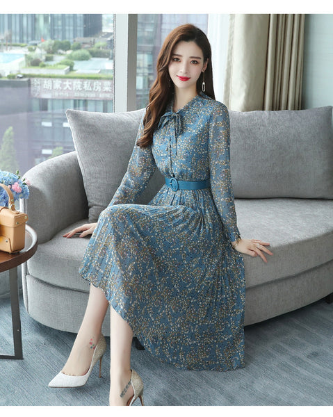 Vintage Retro Temperament Elegant Chiffon Big Swing Floral Long Midi Pleated Party Dress