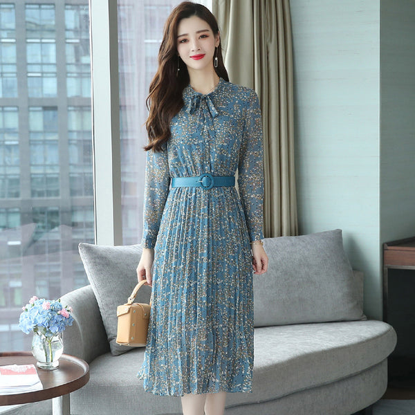Vintage Retro Temperament Elegant Chiffon Big Swing Floral Long Midi Pleated Party Dress