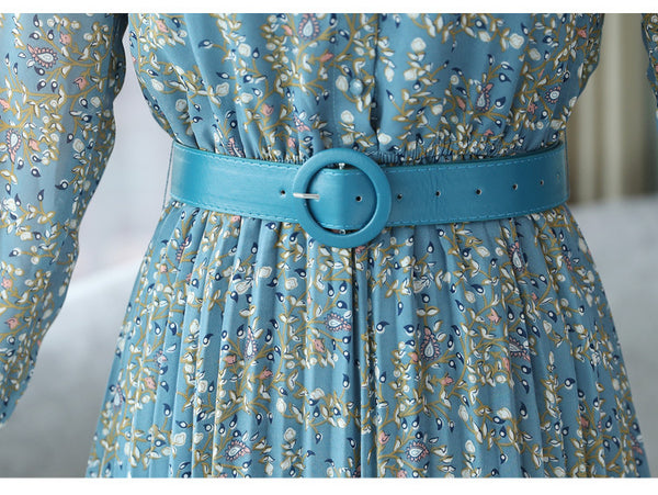 Vintage Retro Temperament Elegant Chiffon Big Swing Floral Long Midi Pleated Party Dress