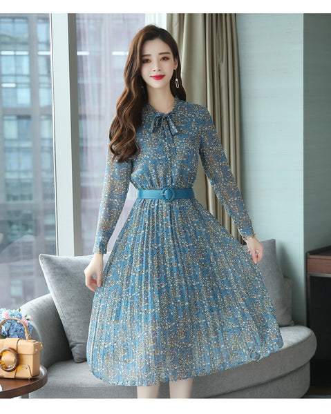 Vintage Retro Temperament Elegant Chiffon Big Swing Floral Long Midi Pleated Party Dress