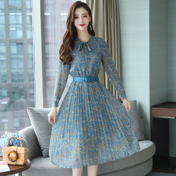 Vintage Retro Temperament Elegant Chiffon Big Swing Floral Long Midi Pleated Party Dress