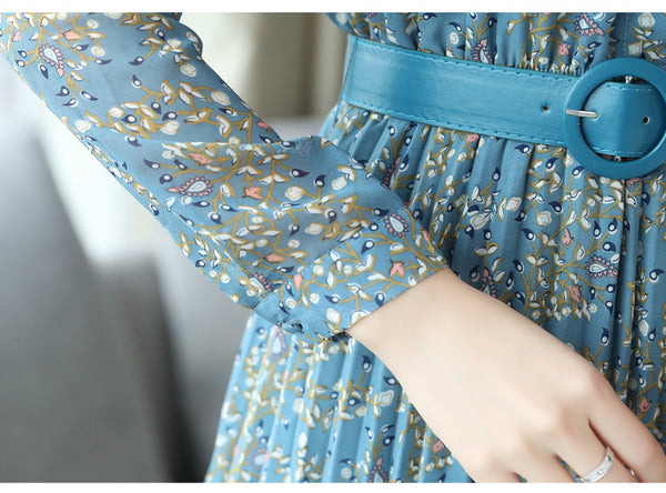 Vintage Retro Temperament Elegant Chiffon Big Swing Floral Long Midi Pleated Party Dress