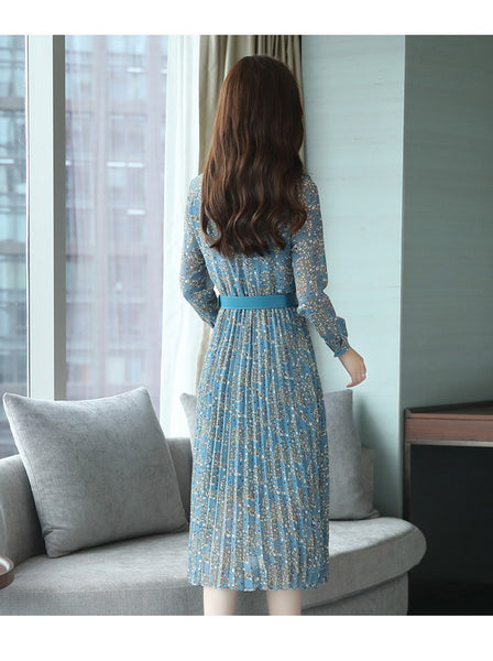 Vintage Retro Temperament Elegant Chiffon Big Swing Floral Long Midi Pleated Party Dress