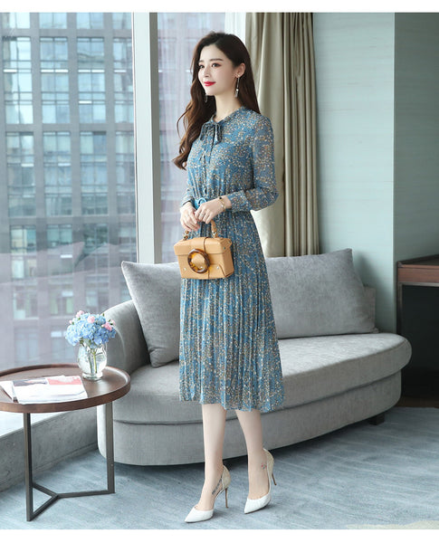 Vintage Retro Temperament Elegant Chiffon Big Swing Floral Long Midi Pleated Party Dress