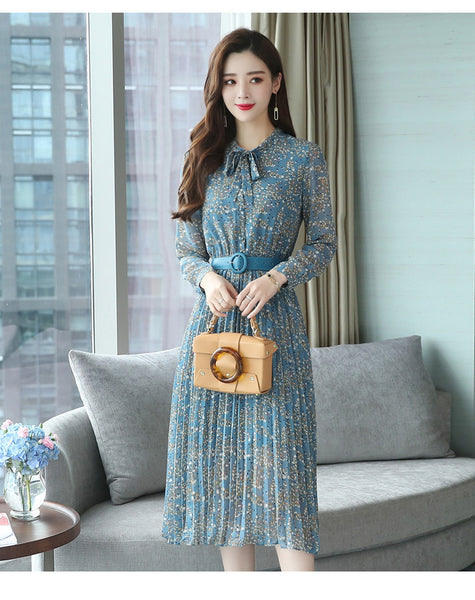 Vintage Retro Temperament Elegant Chiffon Big Swing Floral Long Midi Pleated Party Dress