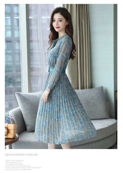 Vintage Retro Temperament Elegant Chiffon Big Swing Floral Long Midi Pleated Party Dress