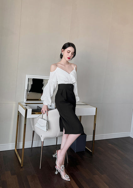 Charm Fashionable Temperament Spring Off Shoulder Puff Sleeves Pencil Dress