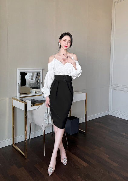 Charm Fashionable Temperament Spring Off Shoulder Puff Sleeves Pencil Dress