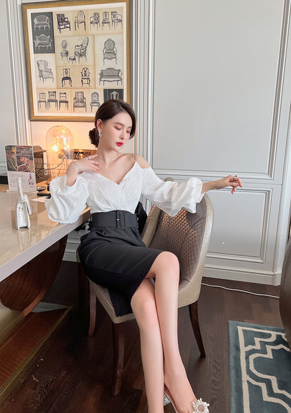Charm Fashionable Temperament Spring Off Shoulder Puff Sleeves Pencil Dress