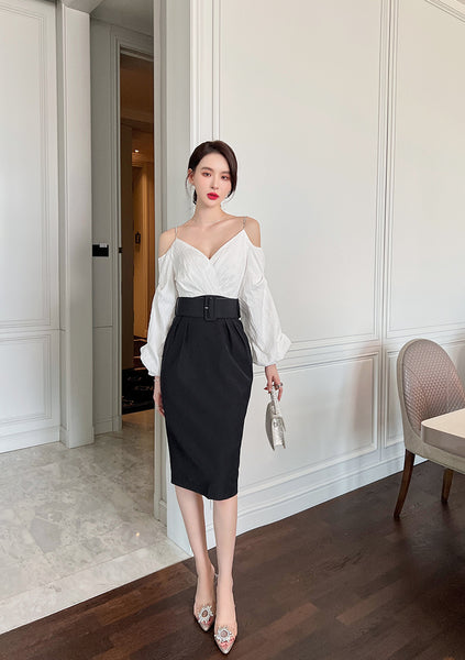 Charm Fashionable Temperament Spring Off Shoulder Puff Sleeves Pencil Dress