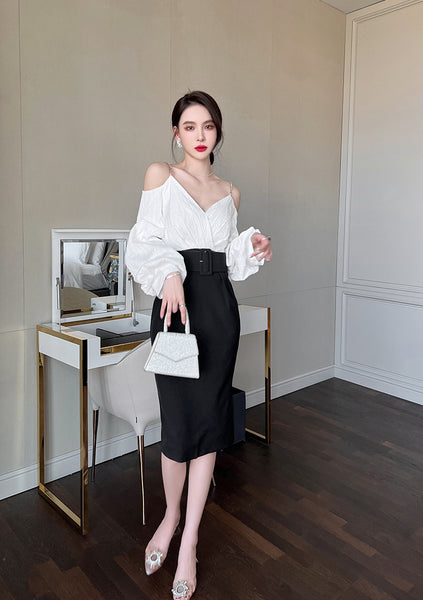 Charm Fashionable Temperament Spring Off Shoulder Puff Sleeves Pencil Dress