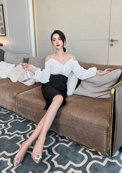 Charm Fashionable Temperament Spring Off Shoulder Puff Sleeves Pencil Dress