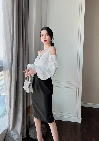 Charm Fashionable Temperament Spring Off Shoulder Puff Sleeves Pencil Dress