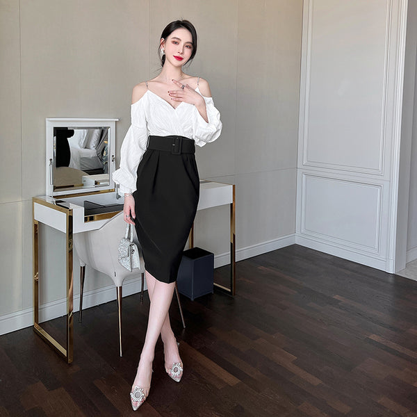 Charm Fashionable Temperament Spring Off Shoulder Puff Sleeves Pencil Dress