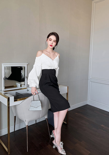 Charm Fashionable Temperament Spring Off Shoulder Puff Sleeves Pencil Dress
