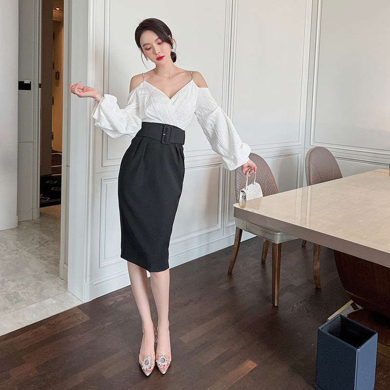 Charm Fashionable Temperament Spring Off Shoulder Puff Sleeves Pencil Dress