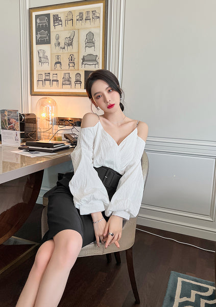 Charm Fashionable Temperament Spring Off Shoulder Puff Sleeves Pencil Dress