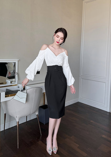 Charm Fashionable Temperament Spring Off Shoulder Puff Sleeves Pencil Dress