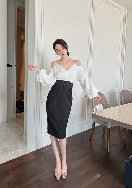 Charm Fashionable Temperament Spring Off Shoulder Puff Sleeves Pencil Dress