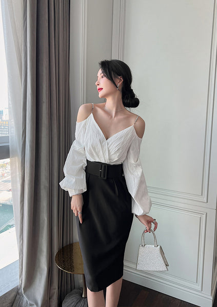 Charm Fashionable Temperament Spring Off Shoulder Puff Sleeves Pencil Dress