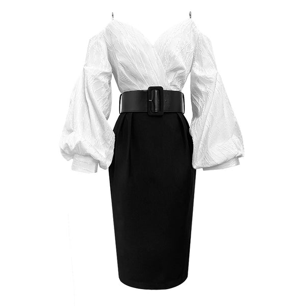 Charm Fashionable Temperament Spring Off Shoulder Puff Sleeves Pencil Dress