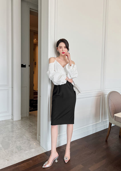 Charm Fashionable Temperament Spring Off Shoulder Puff Sleeves Pencil Dress