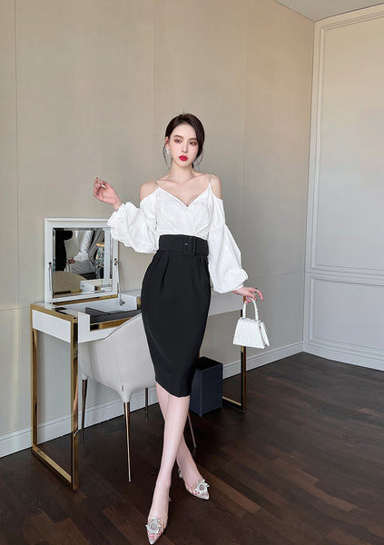 Charm Fashionable Temperament Spring Off Shoulder Puff Sleeves Pencil Dress