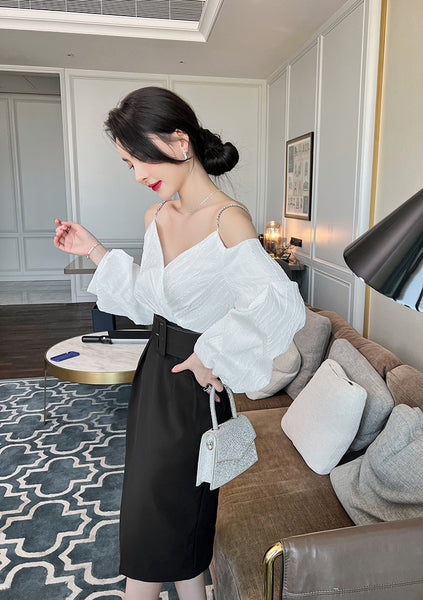 Charm Fashionable Temperament Spring Off Shoulder Puff Sleeves Pencil Dress