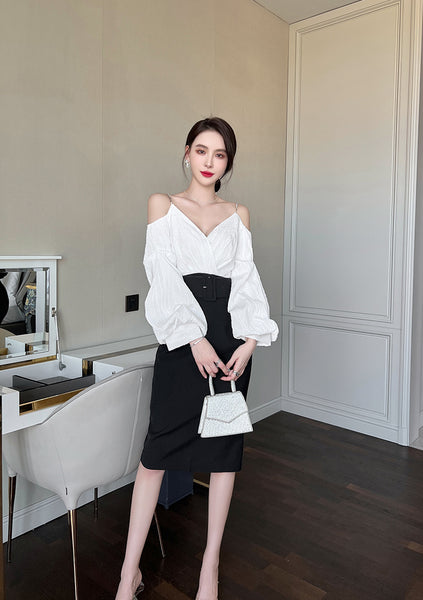 Charm Fashionable Temperament Spring Off Shoulder Puff Sleeves Pencil Dress