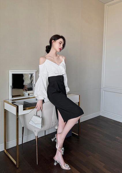 Charm Fashionable Temperament Spring Off Shoulder Puff Sleeves Pencil Dress