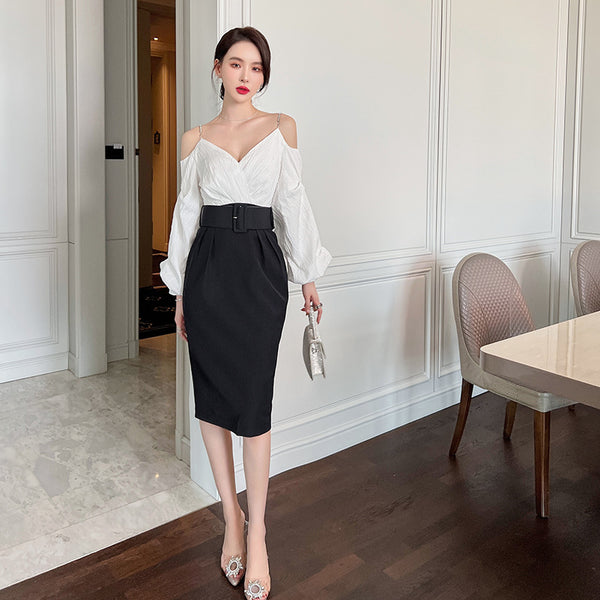 Charm Fashionable Temperament Spring Off Shoulder Puff Sleeves Pencil Dress