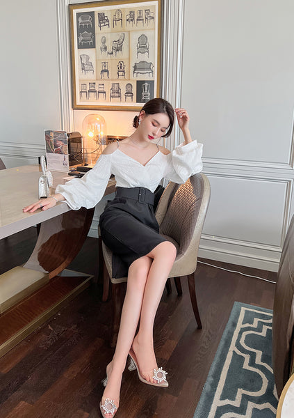 Charm Fashionable Temperament Spring Off Shoulder Puff Sleeves Pencil Dress