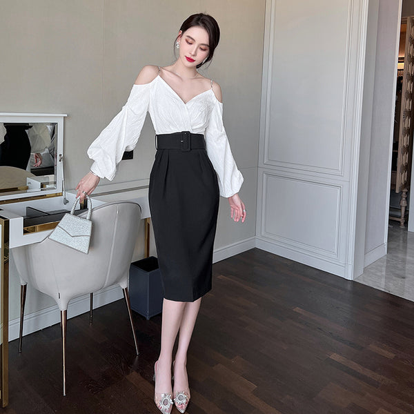 Charm Fashionable Temperament Spring Off Shoulder Puff Sleeves Pencil Dress