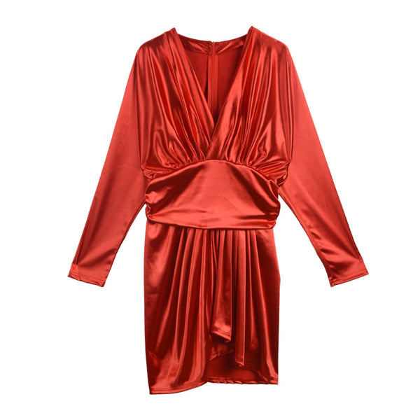 Sexy V Neck Irregular Long Sleeved High Waist Golden Gold Color Pleat Dress