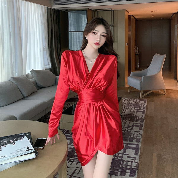 Sexy V Neck Irregular Long Sleeved High Waist Golden Gold Color Pleat Dress