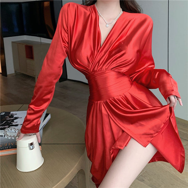 Sexy V Neck Irregular Long Sleeved High Waist Golden Gold Color Pleat Dress
