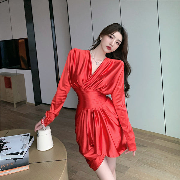 Sexy V Neck Irregular Long Sleeved High Waist Golden Gold Color Pleat Dress