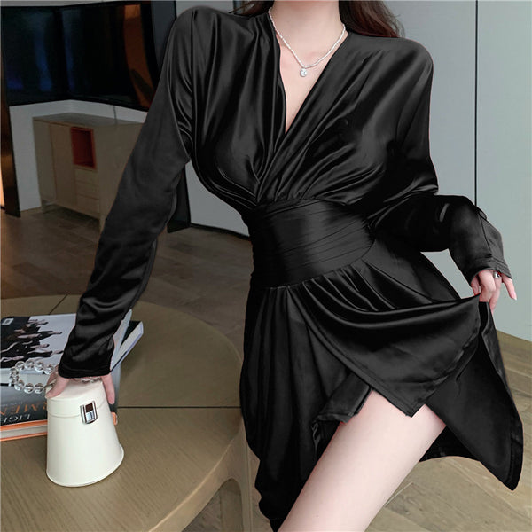 Sexy V Neck Irregular Long Sleeved High Waist Golden Gold Color Pleat Dress