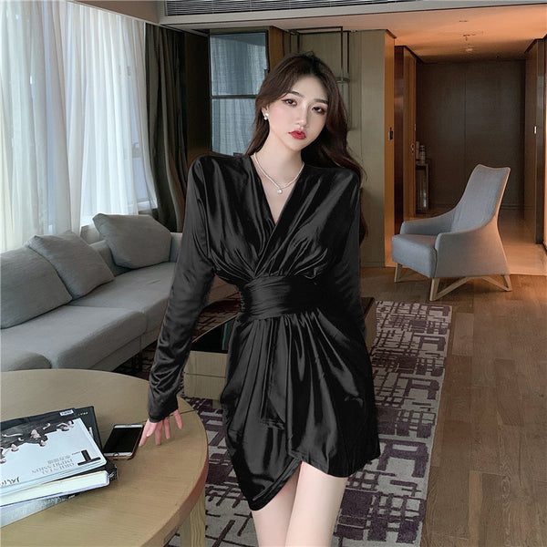 Sexy V Neck Irregular Long Sleeved High Waist Golden Gold Color Pleat Dress