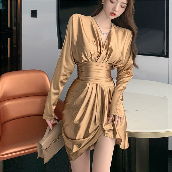 Sexy V Neck Irregular Long Sleeved High Waist Golden Gold Color Pleat Dress