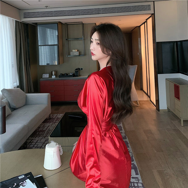 Sexy V Neck Irregular Long Sleeved High Waist Golden Gold Color Pleat Dress